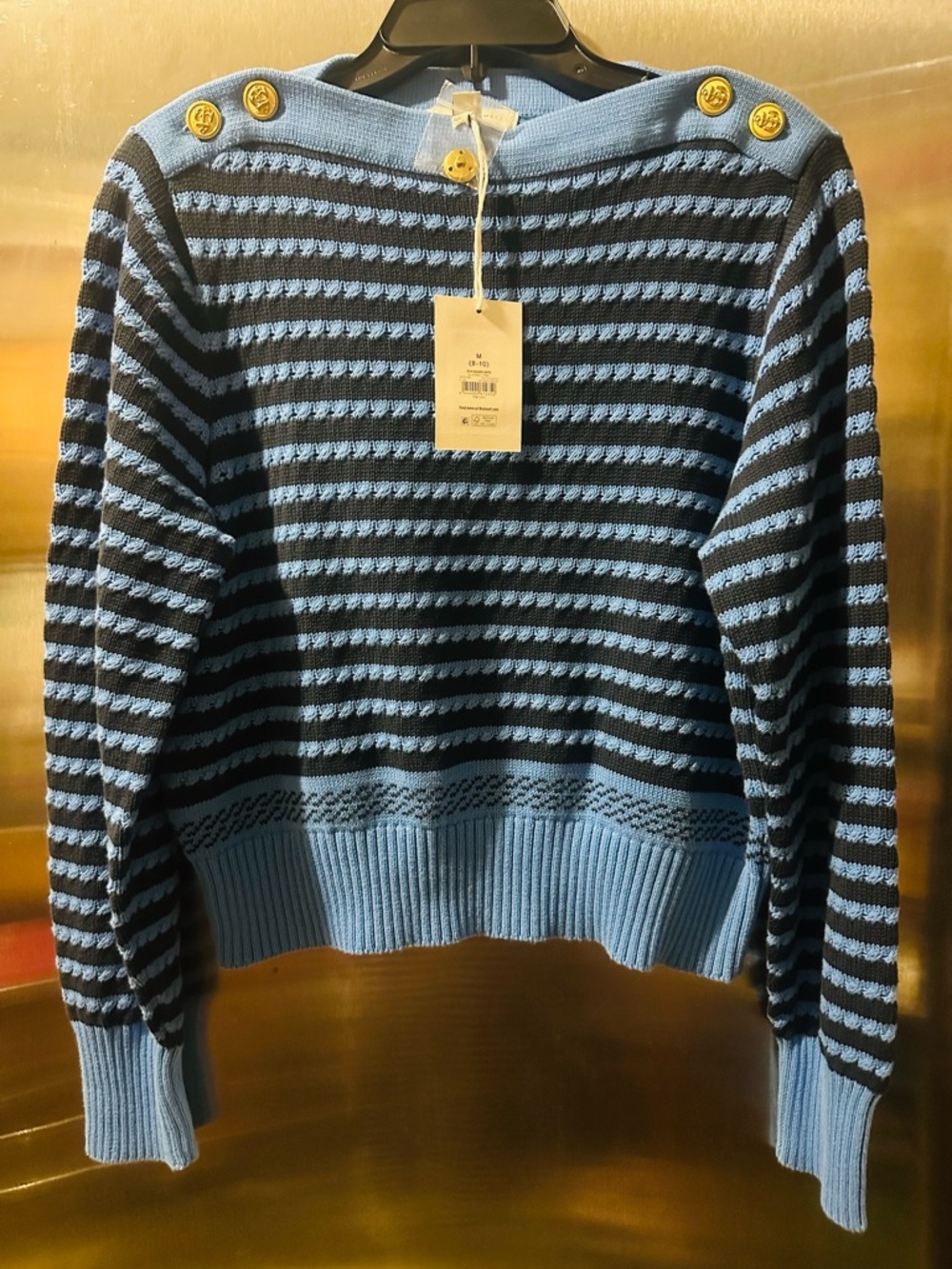Striped Crewneck Sweater with Gold Shoulder Buttons - Blue/Black